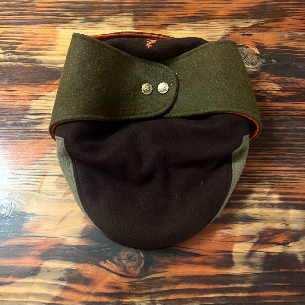 Kangol wool hat. Brown/Green/Orange colors. Chin strap with snaps. Size XL.